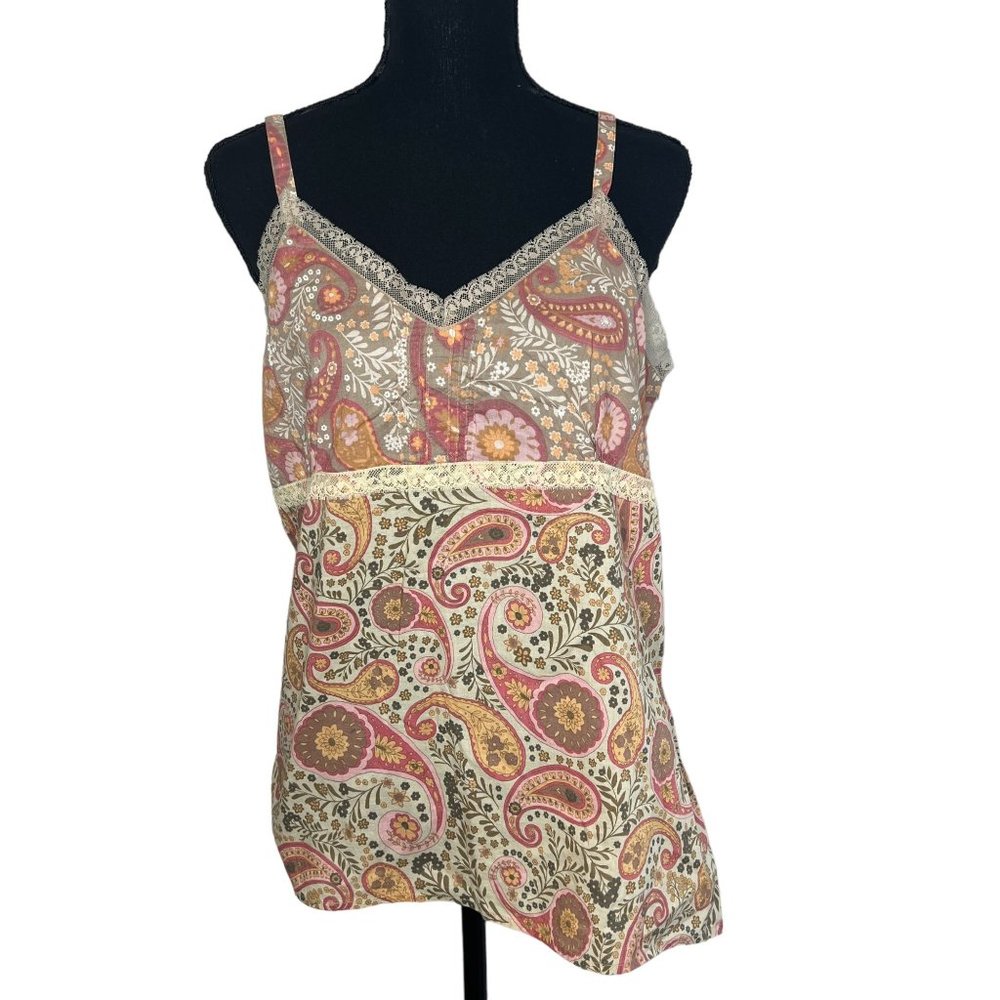 TNT Bohemian Y2K‎ Paisley Cotton Lace Spaghetti Strap Babydoll Top L